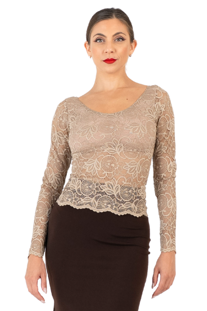 Elephant Grey Lace Blouse With Long Sleeves