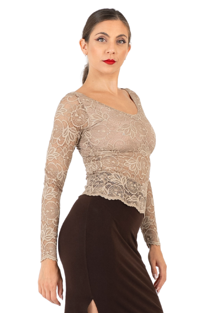 Elephant Grey Lace Blouse With Long Sleeves