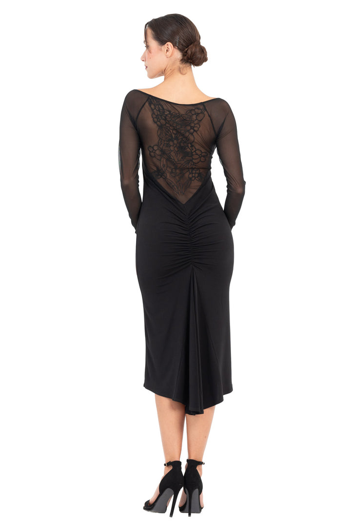 Embroidered Mesh Back Tango Midi Dress with Sleeves