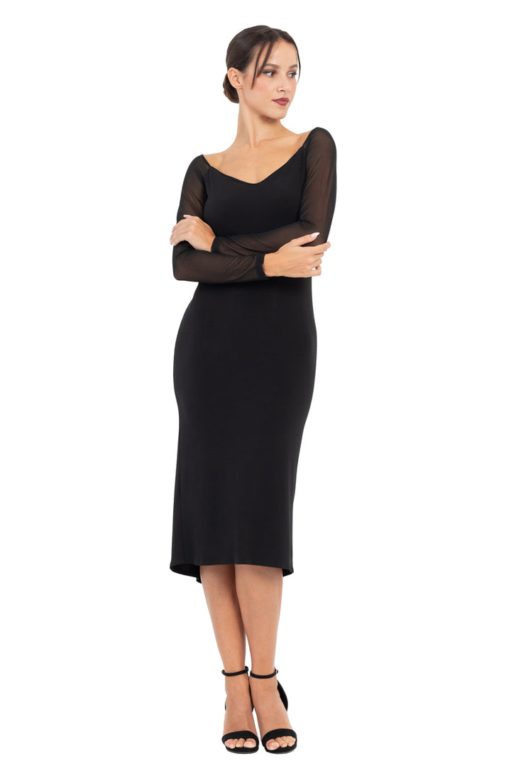 Embroidered Mesh Back Tango Midi Dress with Sleeves Embroidered Mesh Back Tango Midi Dress with Sleeves