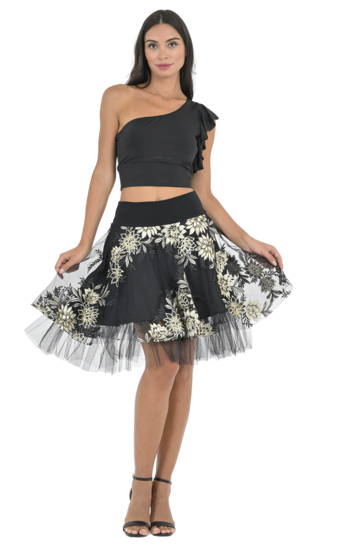 Gold Floral Embroidered Tulle Above-Knee Skirt