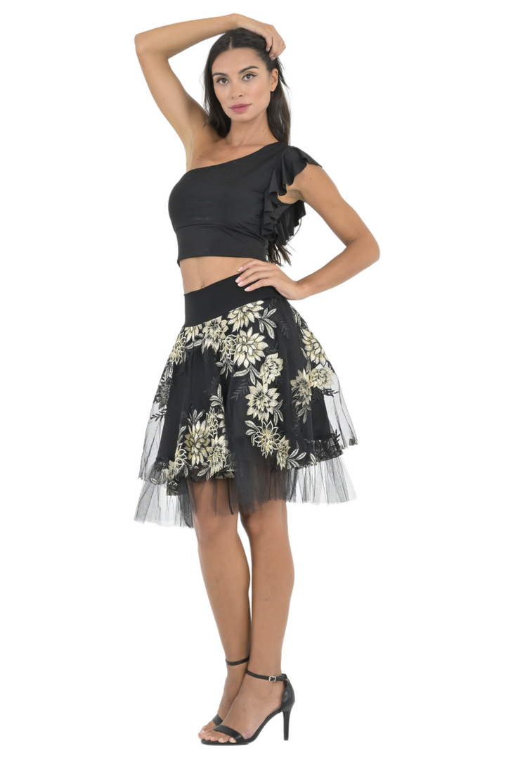 Gold Floral Embroidered Tulle Above-Knee Skirt