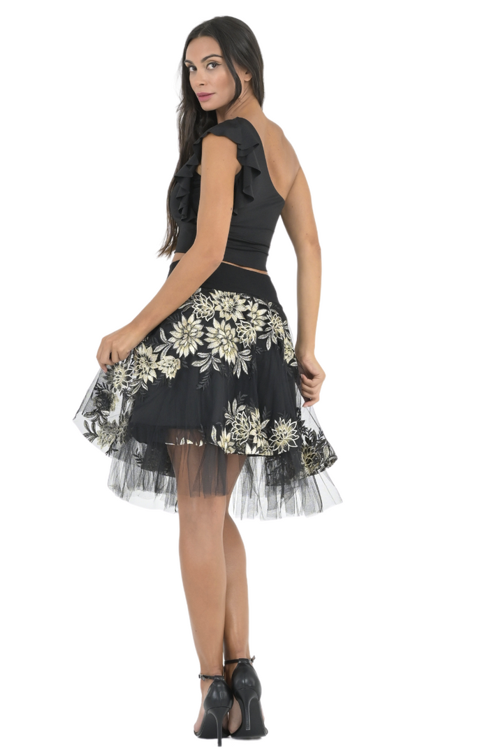 Gold Floral Embroidered Tulle Above-Knee Skirt