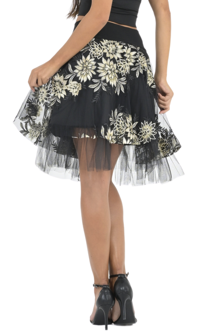 Gold Floral Embroidered Tulle Above-Knee Skirt