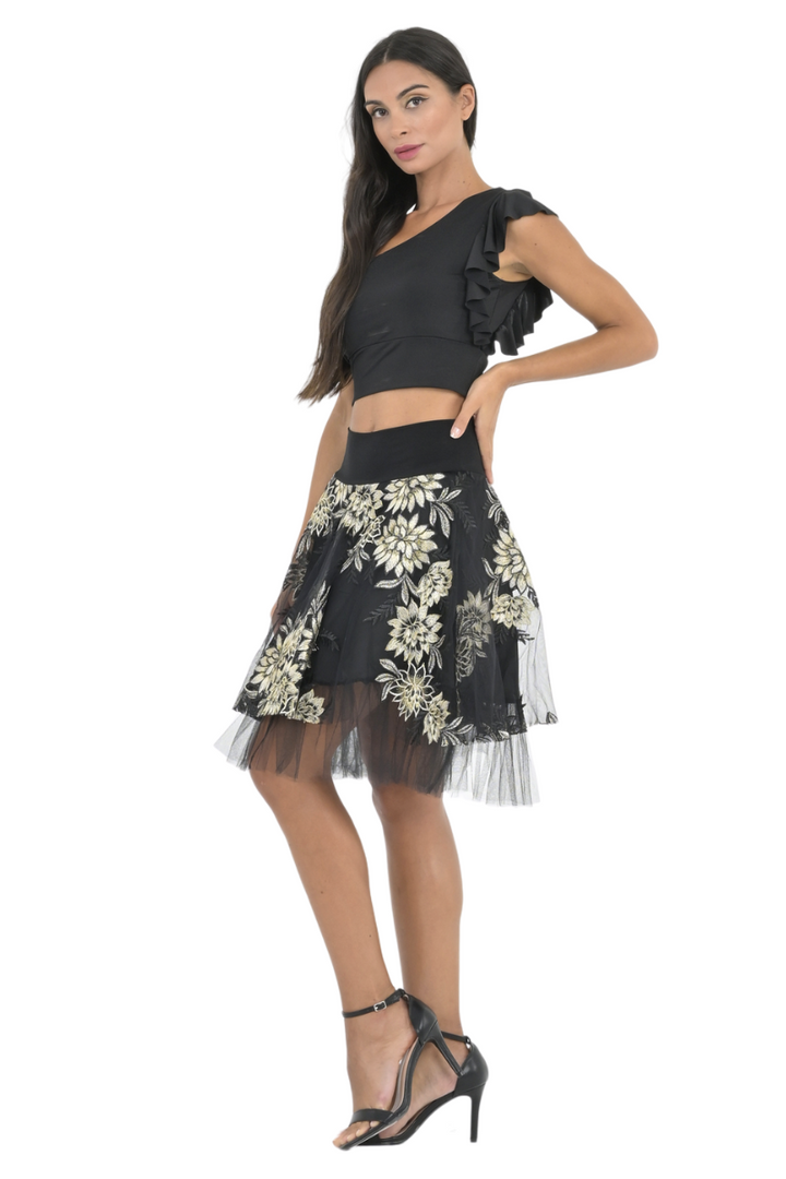 Gold Floral Embroidered Tulle Above-Knee Skirt