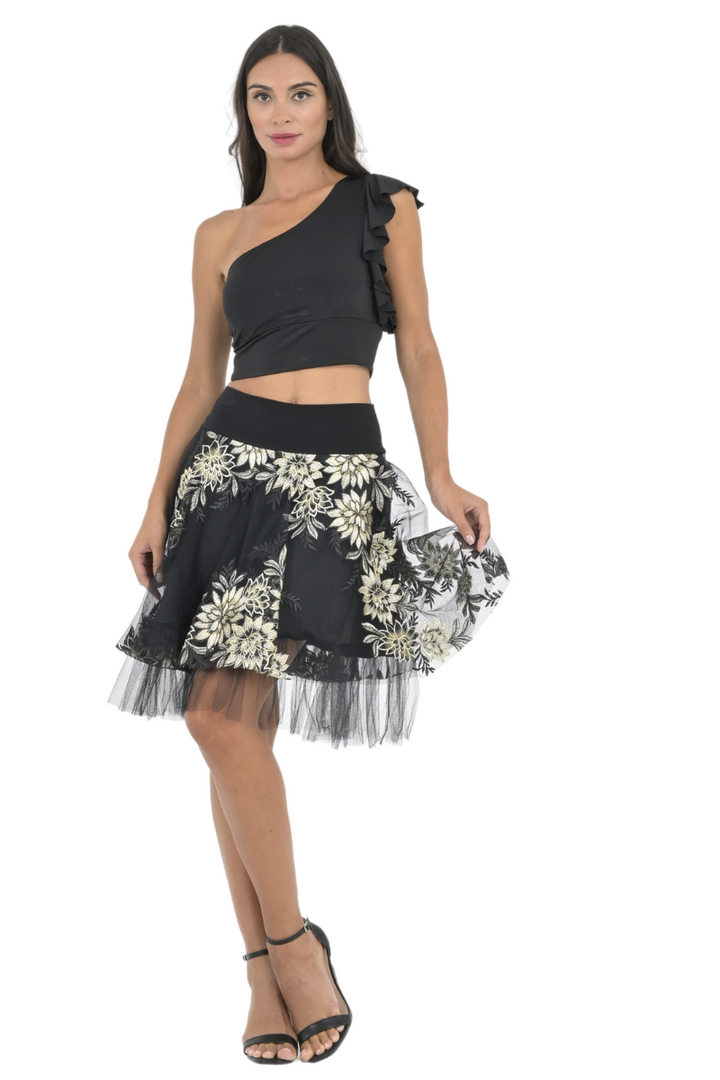 Gold Floral Embroidered Tulle Above-Knee Skirt