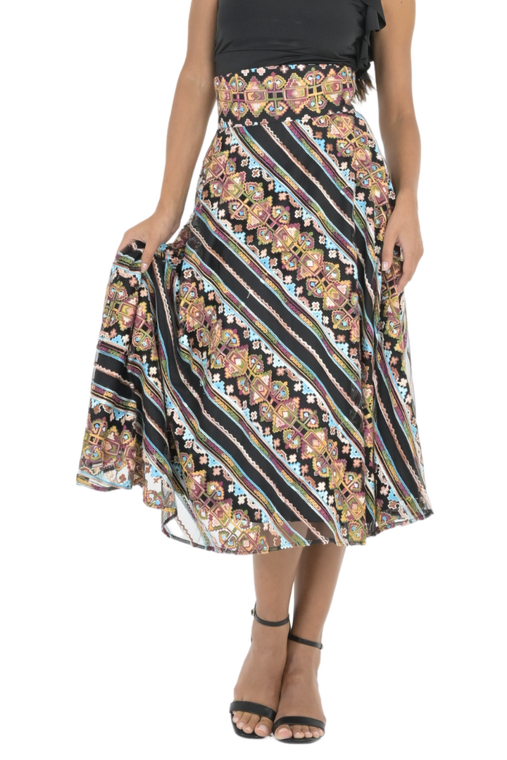 Ethnic Stitch Print A-Line Midi Skirt