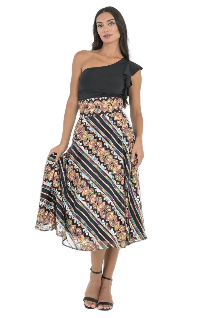 Ethnic Stitch Print A-Line Midi Skirt