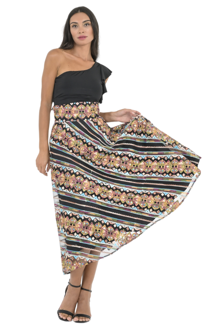 Ethnic Stitch Print A-Line Midi Skirt