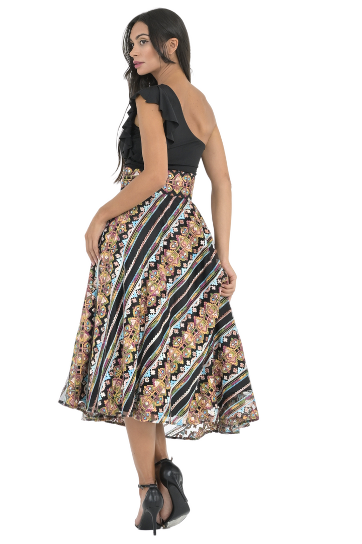 Ethnic Stitch Print A-Line Midi Skirt