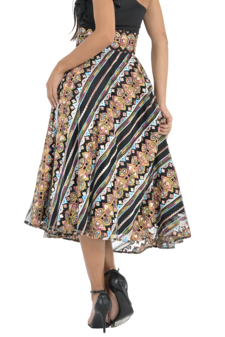 Ethnic Stitch Print A-Line Midi Skirt