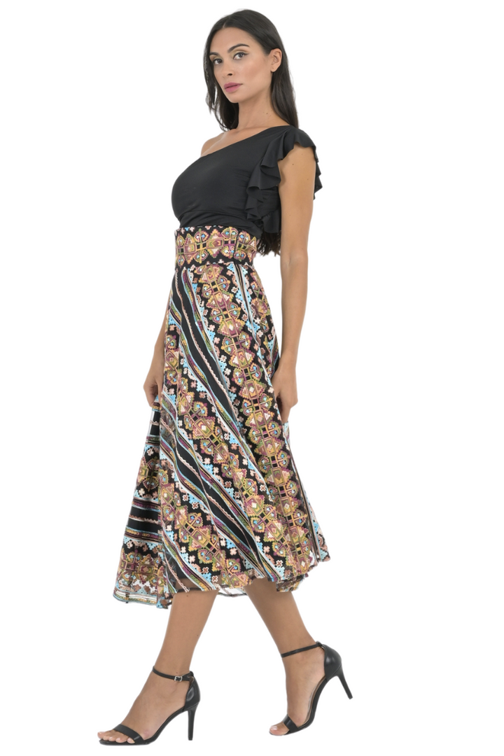 Ethnic Stitch Print A-Line Midi Skirt