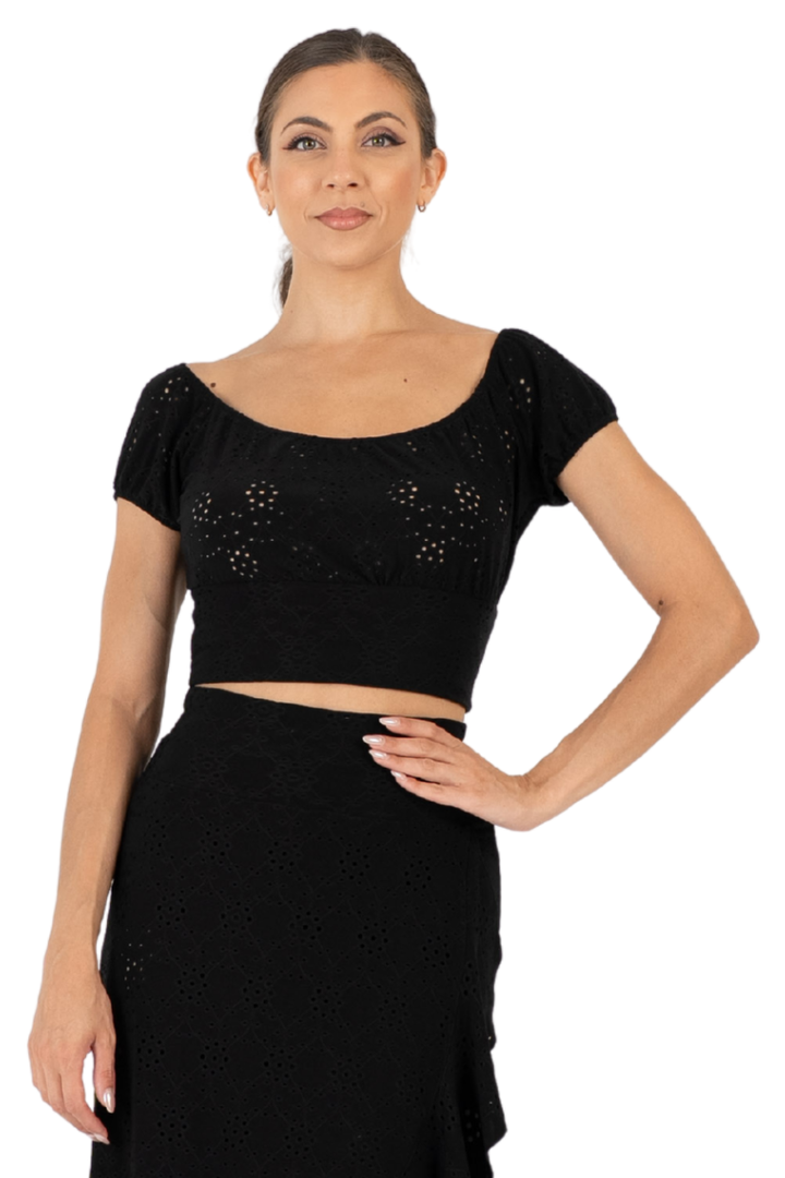 Eyelet Viscose Off The Shoulder Crop Top