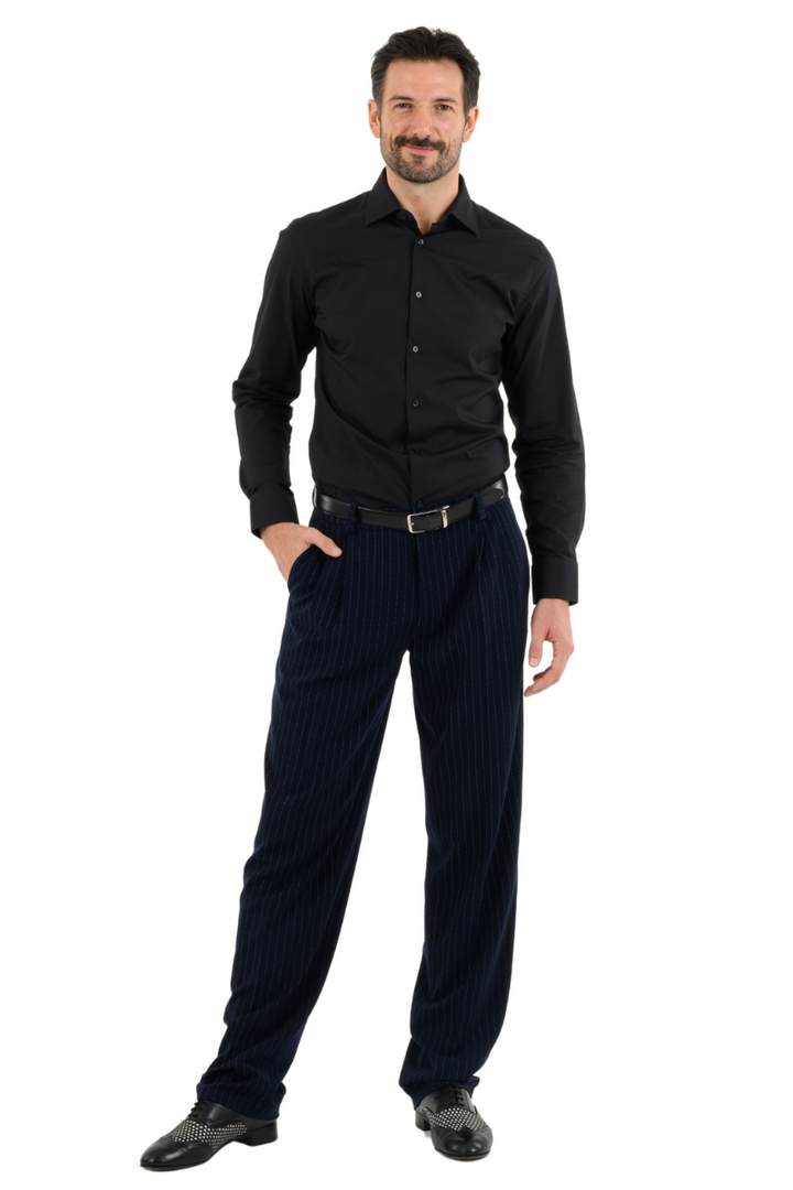 Dark Blue Pinstripe Tango Pants With Two Pleats