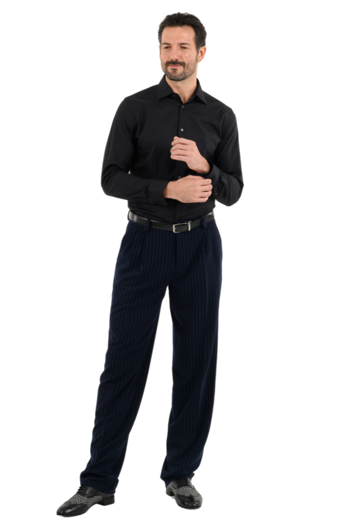 Dark Blue Pinstripe Tango Pants With Two Pleats