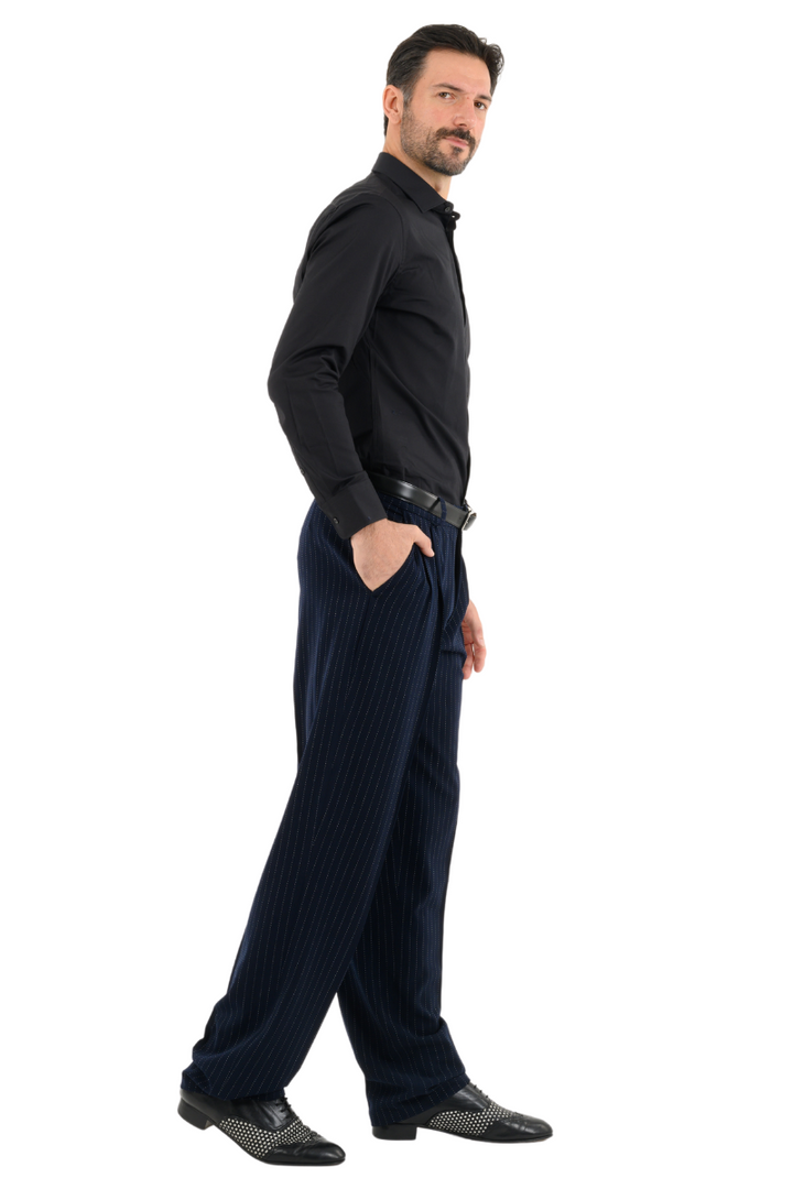 Dark Blue Pinstripe Tango Pants With Two Pleats