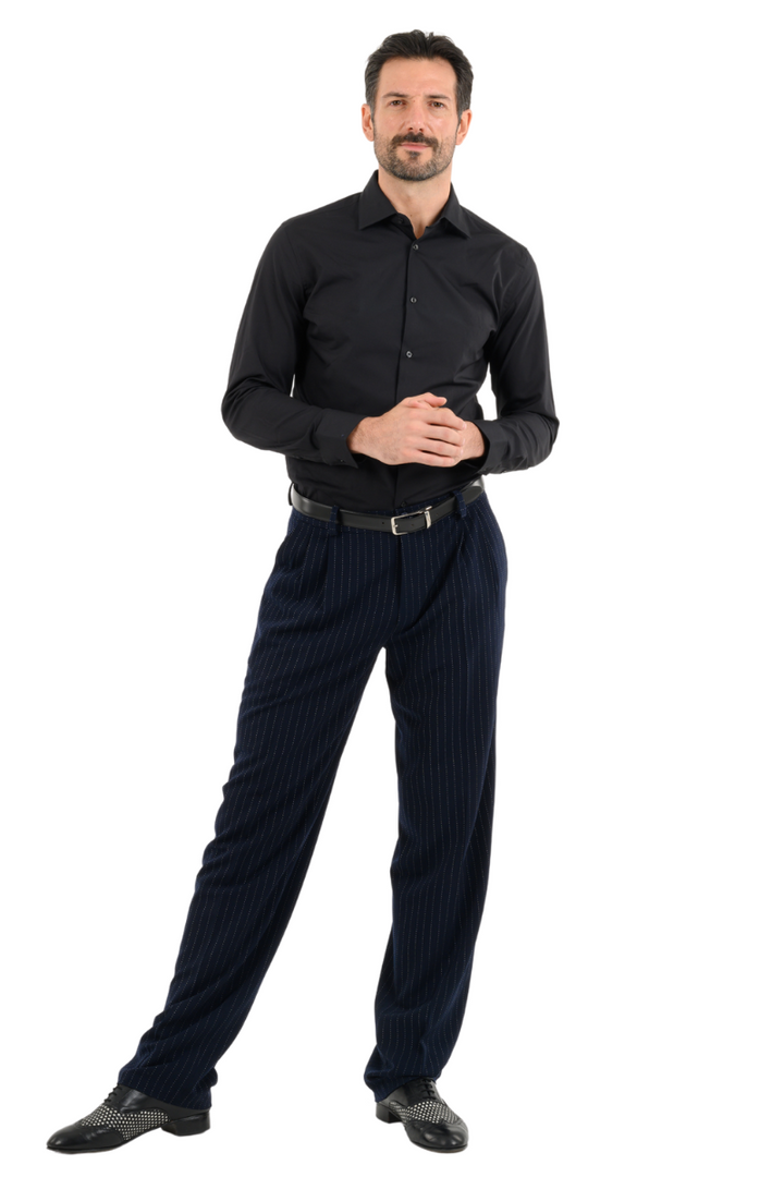 Dark Blue Pinstripe Tango Pants With Two Pleats