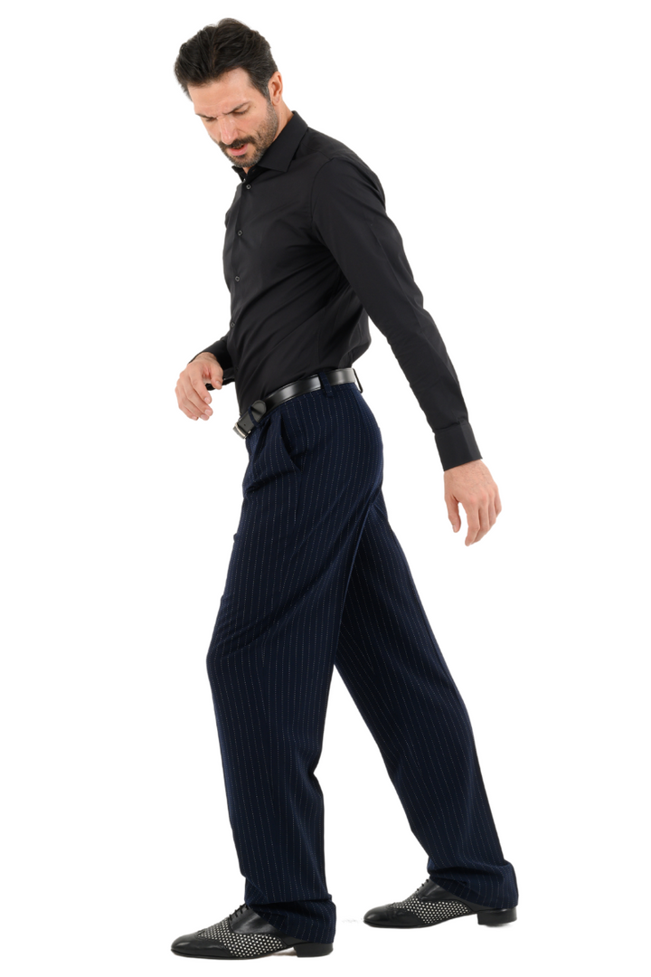 Dark Blue Pinstripe Tango Pants With Two Pleats