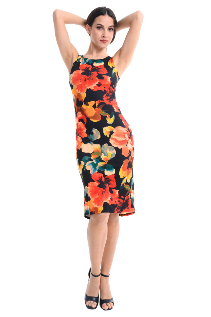 Fiery Floral Print Fishtail Tango Dress With Keyhole Back