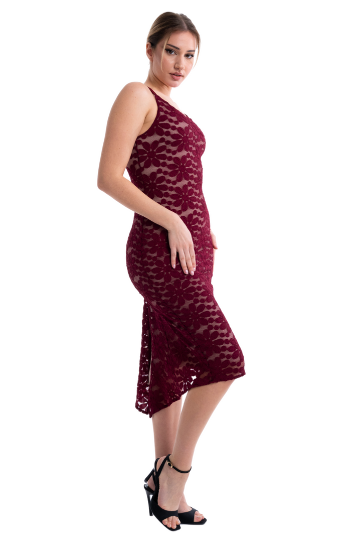 Floral Lace Tango Dress With Slitted Tail