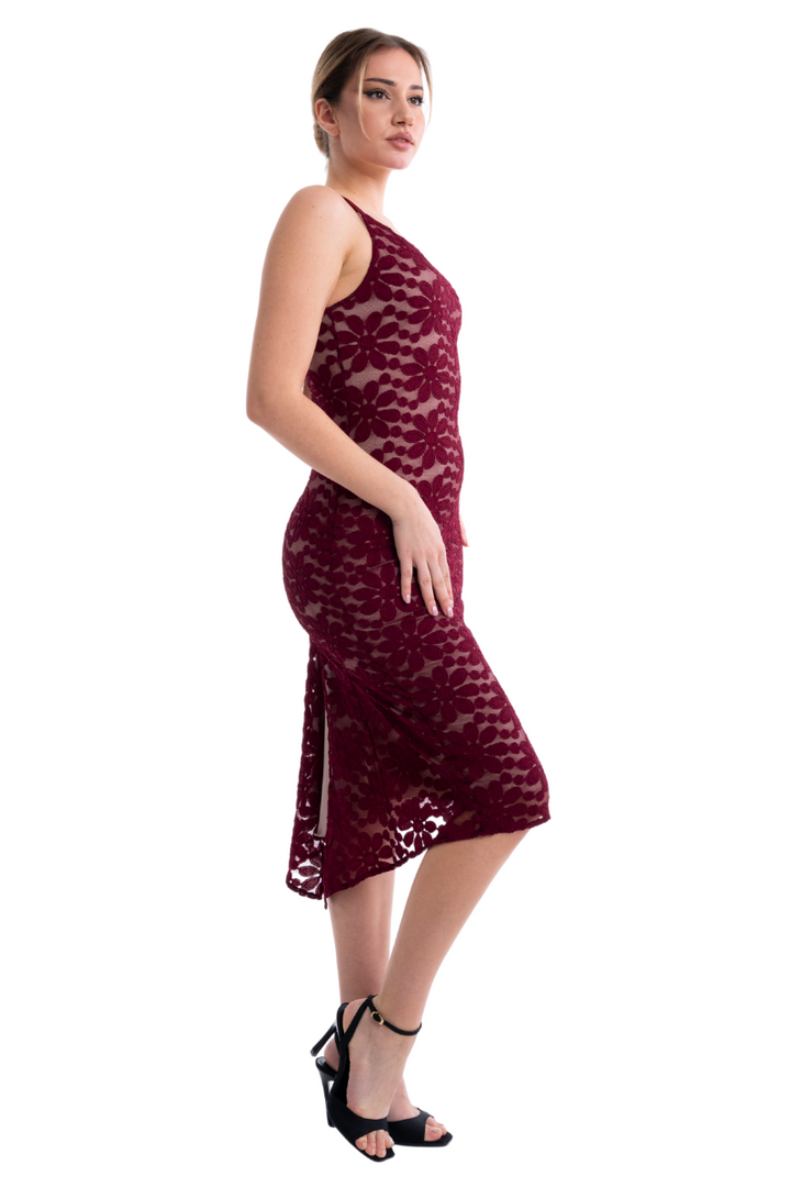 Floral Lace Tango Dress With Slitted Tail