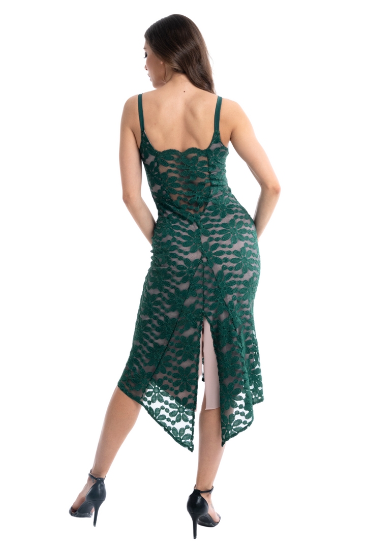 Floral Lace Tango Dress With Slitted Tail