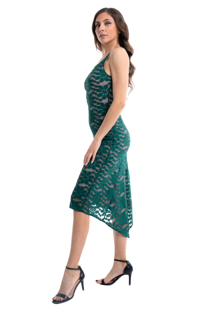 Floral Lace Tango Dress With Slitted Tail
