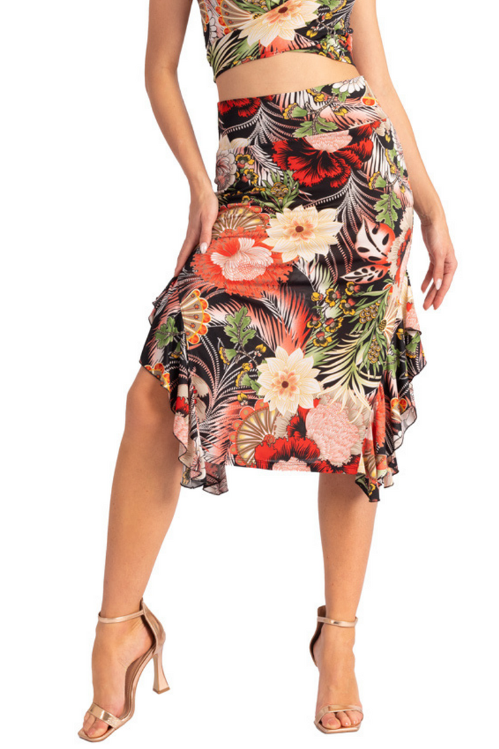 Floral Mixed Print Midi Skirt With Side Ruffles
