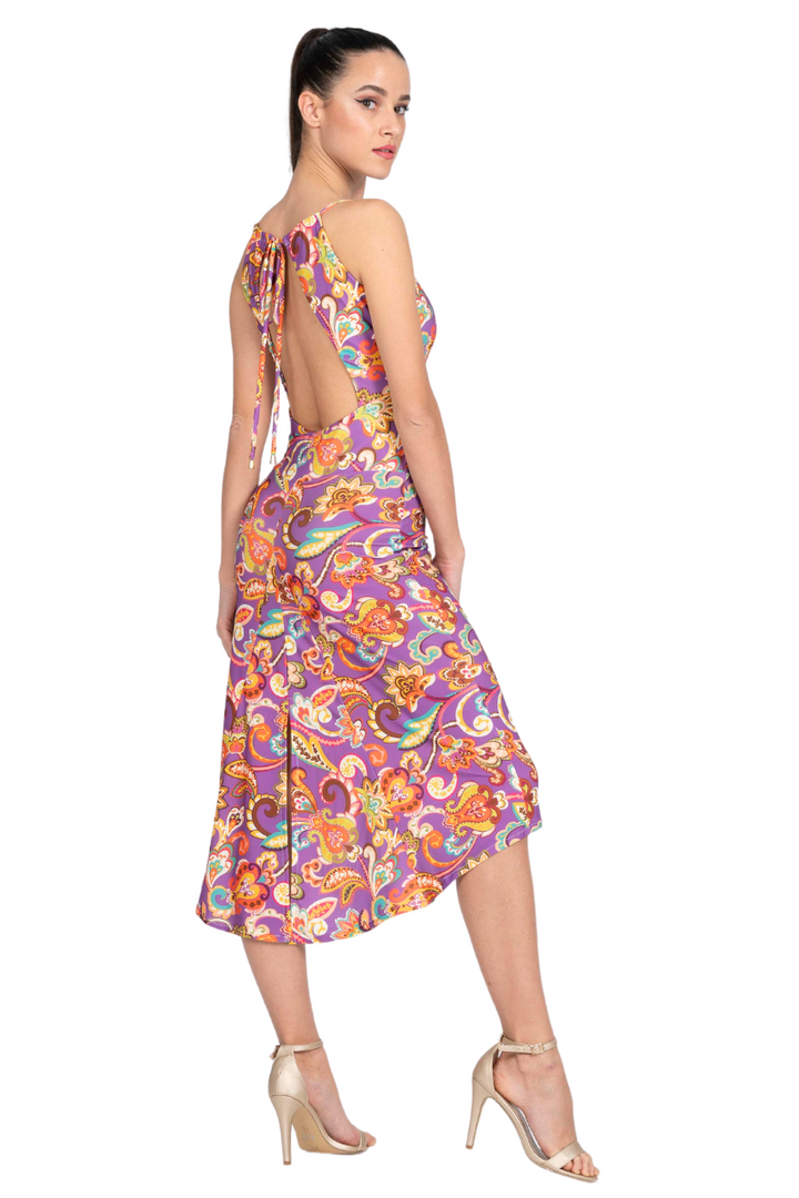 Floral Paisley Print Open Back Fishtail Dress