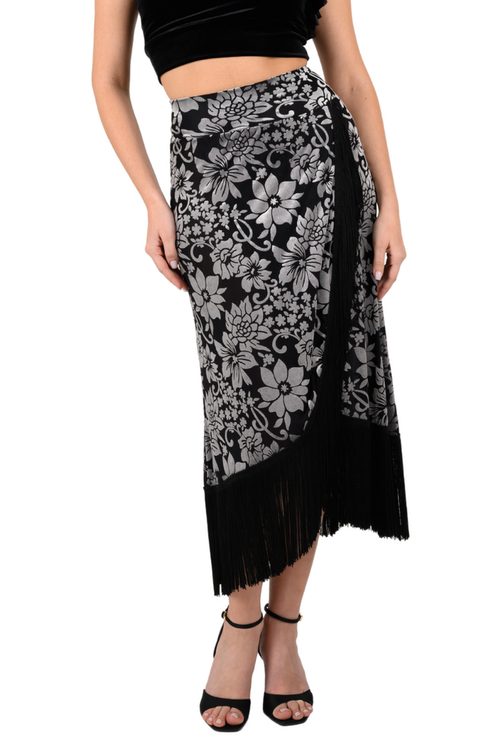 Floral Velvet Wrap Effect Dance Skirt With Fringe