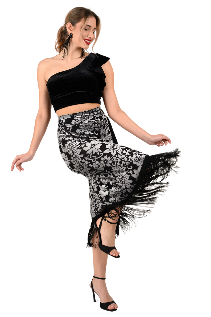 Floral Velvet Wrap Effect Dance Skirt With Fringe