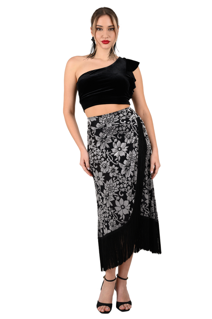 Floral Velvet Wrap Effect Dance Skirt With Fringe