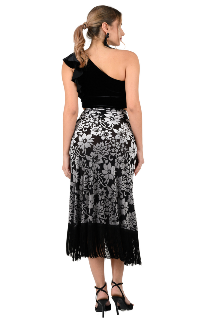 Floral Velvet Wrap Effect Dance Skirt With Fringe