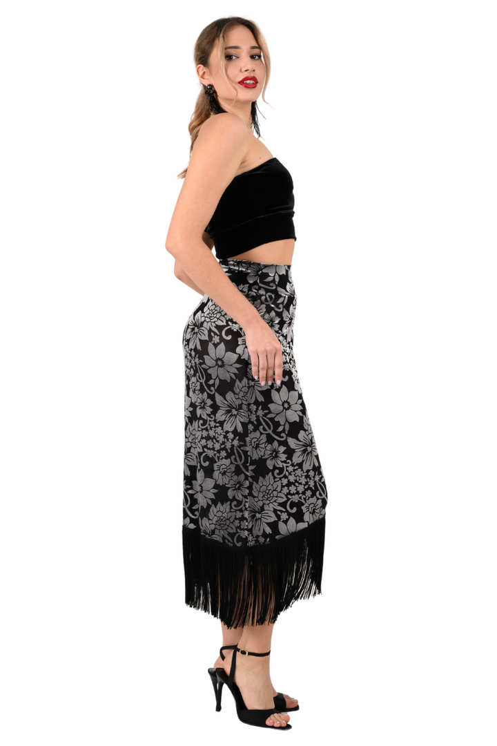 Floral Velvet Wrap Effect Dance Skirt With Fringe