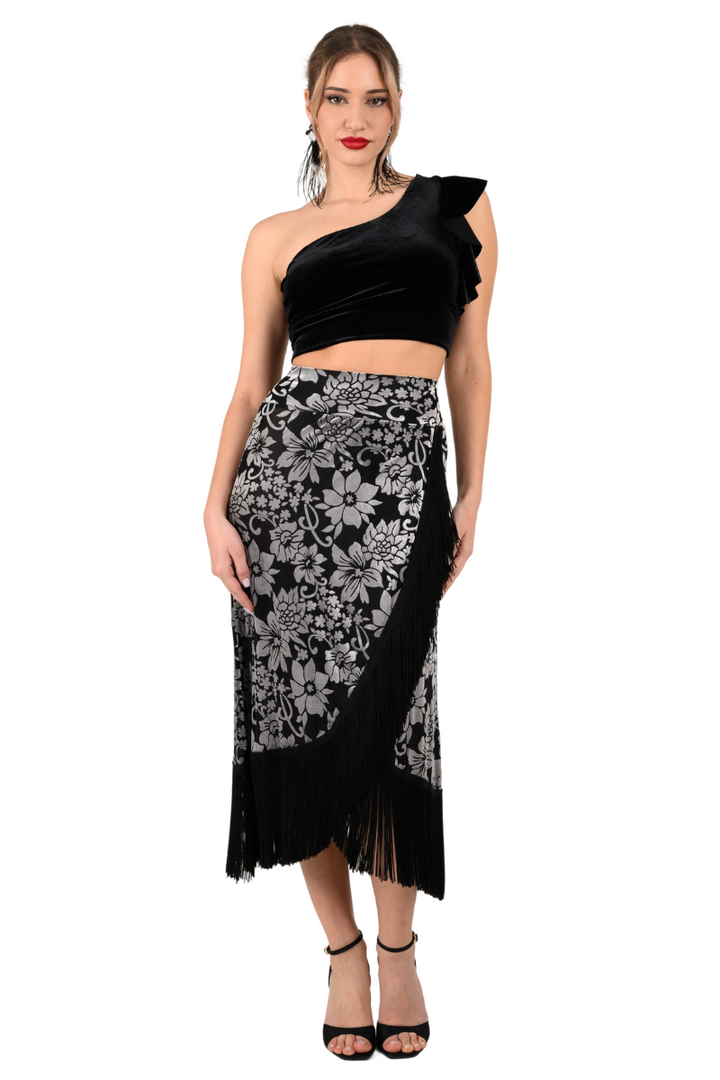 Floral Velvet Wrap Effect Dance Skirt With Fringe