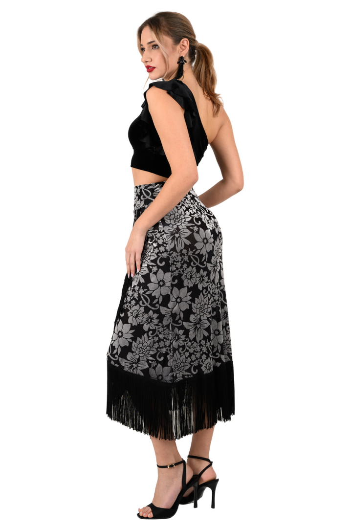 Floral Velvet Wrap Effect Dance Skirt With Fringe