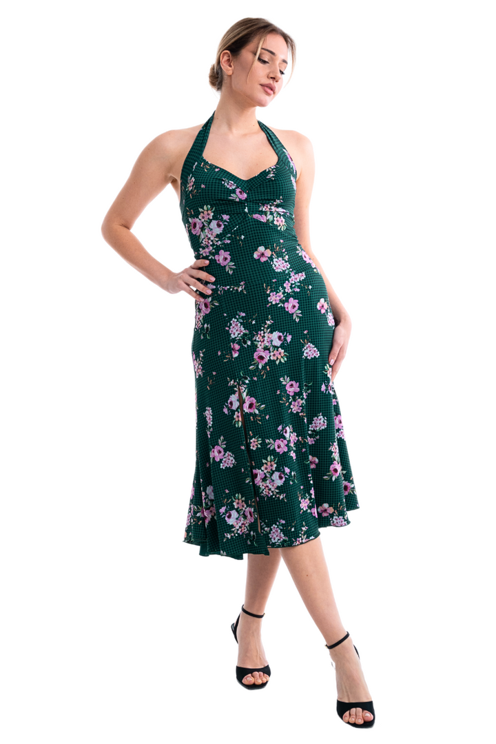 Floral Gingham Halter Neck Tango Dress