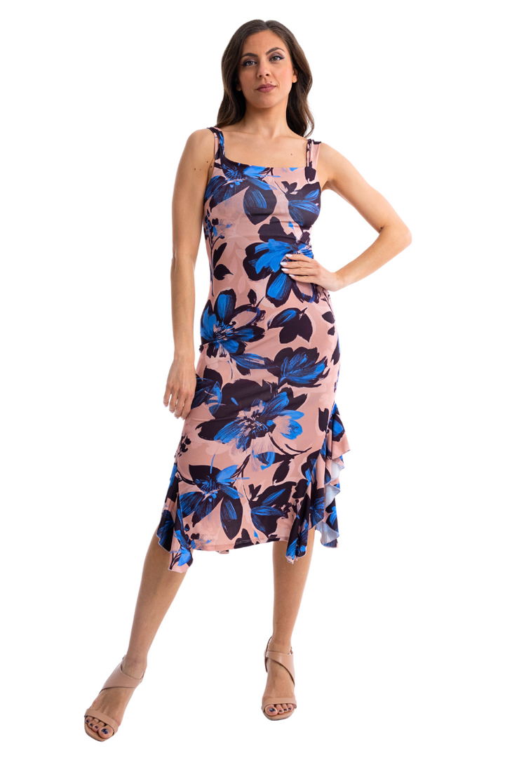 Floral Ruffled Midi Dress With Thick Straps