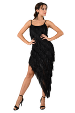 Load image into Gallery viewer, Black Shimmer Soft Fringed Asymmetric Dress
