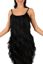 Load image into Gallery viewer, Black Shimmer Soft Fringed Asymmetric Dress
