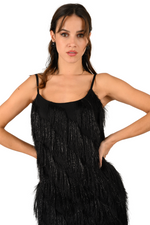 Load image into Gallery viewer, Black Shimmer Soft Fringed Asymmetric Dress
