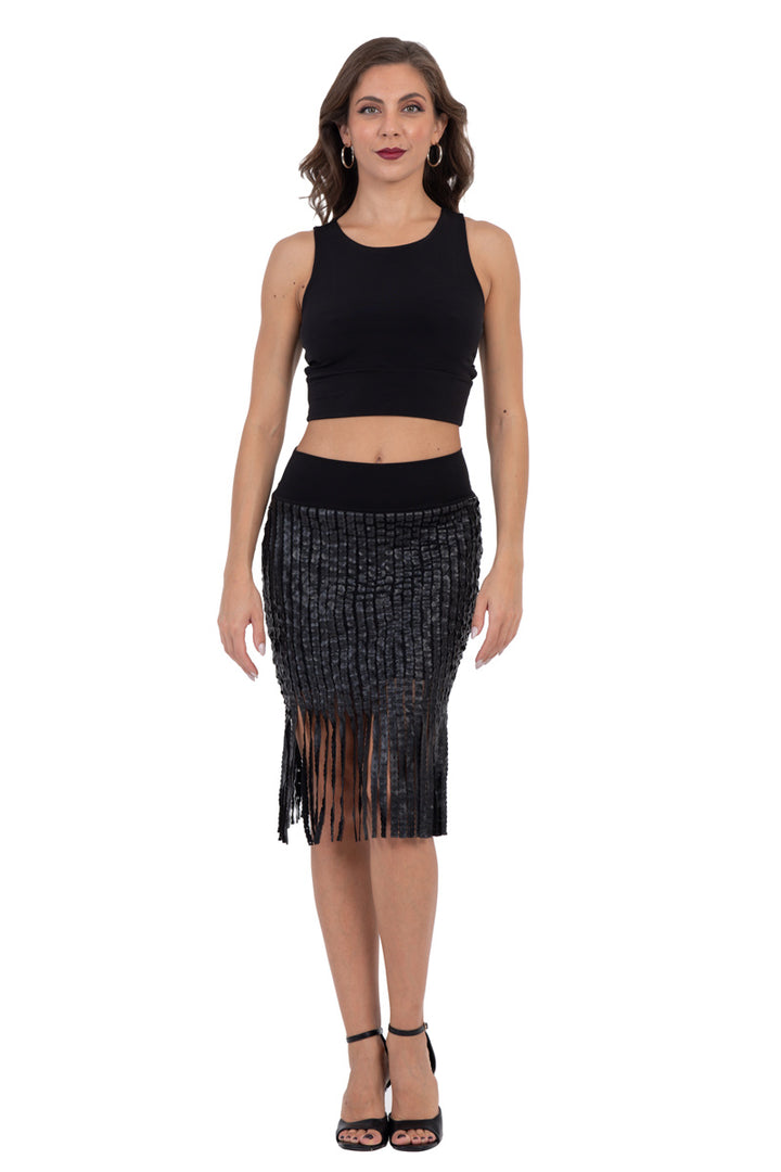 Fringed Faux Leather Striped Bodycon Skirt