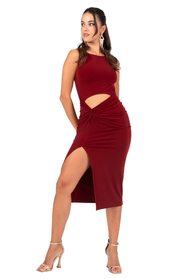 Front Cutout Knot Detail Midi Dress With Slit Front Cutout Knot Detail Midi Dress With Slit