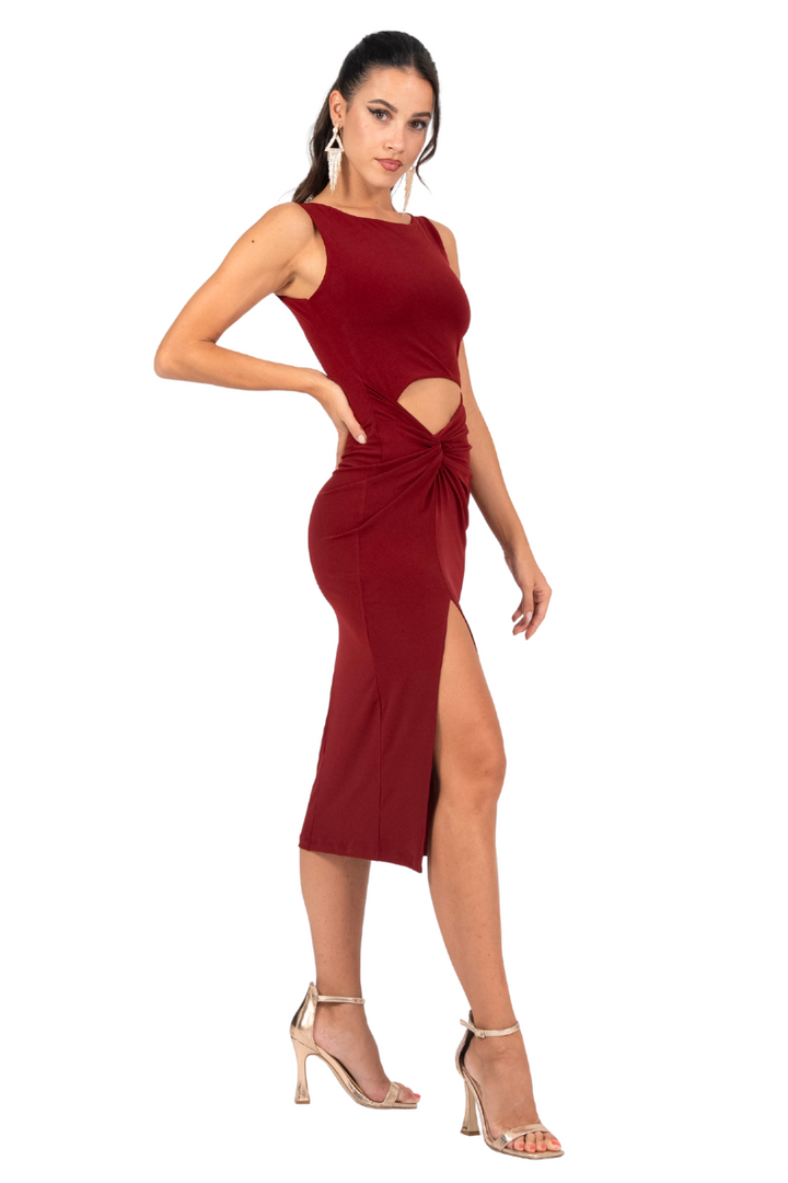 Front Cutout Knot Detail Midi Dress With Slit
