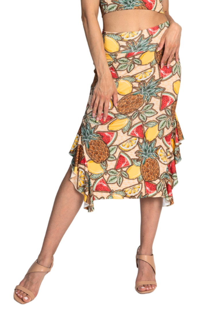 Fruity Summer Print Midi Dance Skirt With Side Ruffles