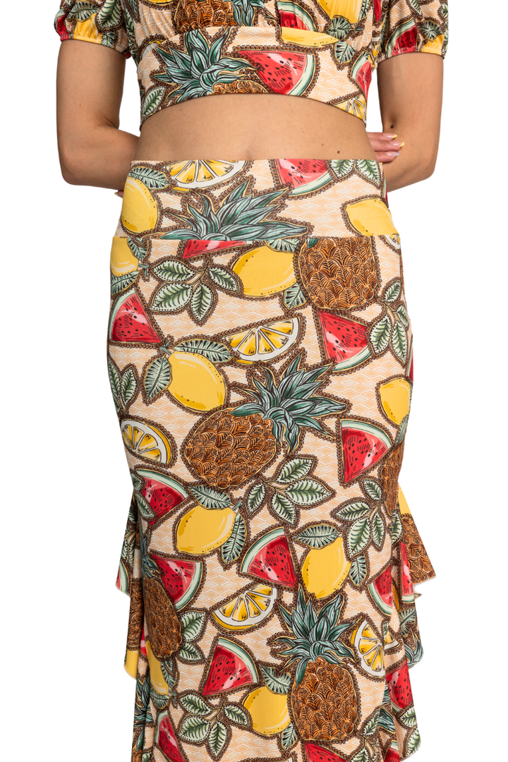 Fruity Summer Print Midi Dance Skirt With Side Ruffles