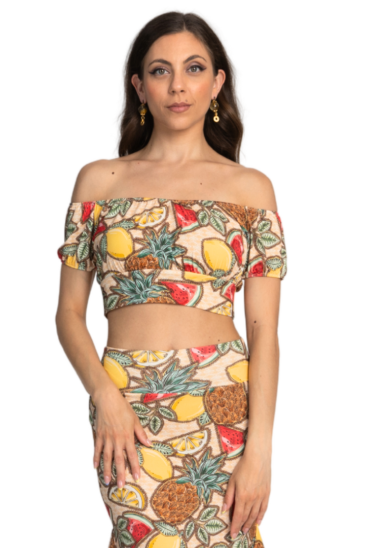 Fruity Summer Print Off-The-Shoulder Crop Top | Big Selection of Dance Tops conDiva Fruity Summer Print Off-The-Shoulder Crop Top | Big Selection of Dance Tops conDiva