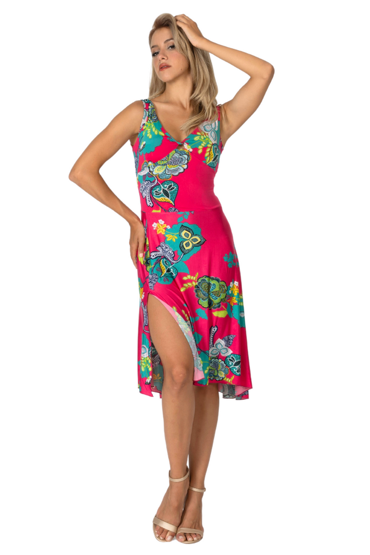 Fuchsia Vibrant Print Crisscross Back Dress
