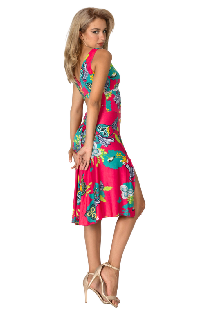 Fuchsia Vibrant Print Crisscross Back Dress
