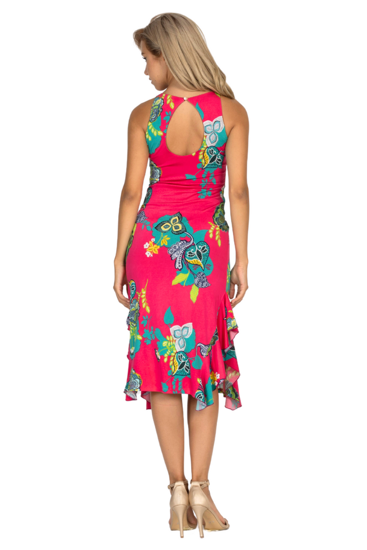Fuchsia Vibrant Print Tango Dress With Side Ruffles